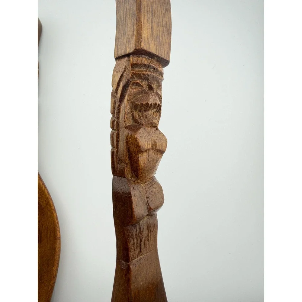 Vintage Hand Carved Wooden Tiki Salad Servers 12 Inch Wood Fork Spoon Set MCM